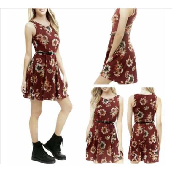 Grunge Y2k Iris Red Wine Floral belted Fit & Flare Sleeveless Knit Dress Small - Picture 7 of 7
